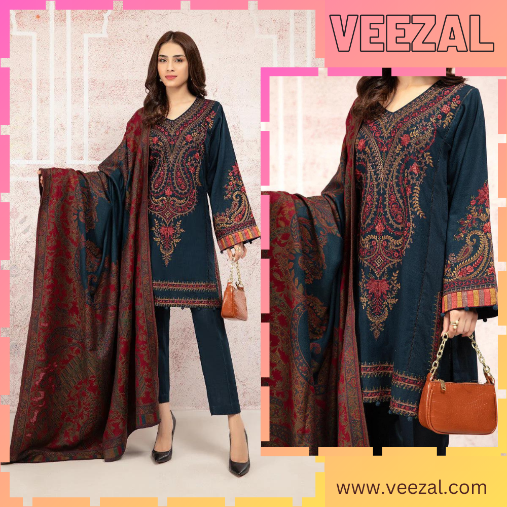 Swagiwear  3PC Khaddar Embroidered Suit with Printed Wool Shawl