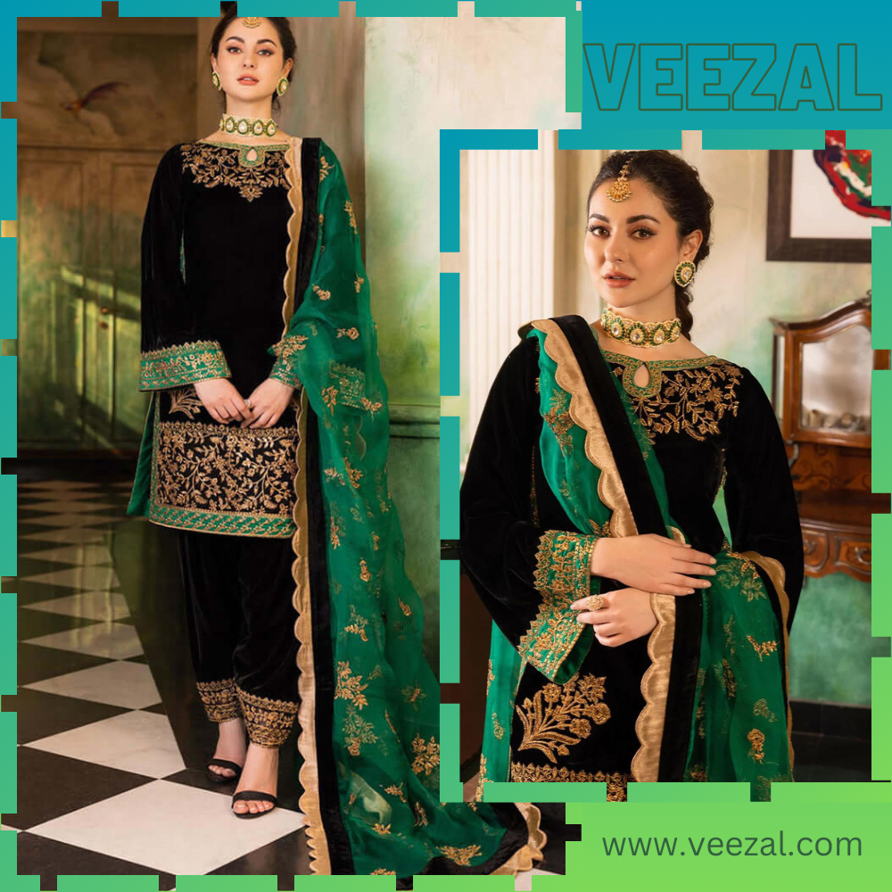 Swagiwear  3-Piece Unstitched Heavy Embroidered Velvet Suit ( Four Sided Embroidered Organza Dupatta