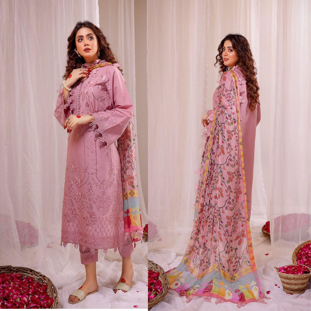 Swagiwear 3PC Lawn Heavy Embroidered Shirt & Silk Digital Printed Dupatta. 