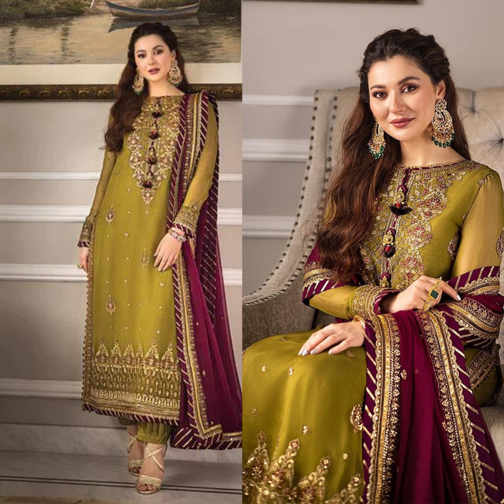 Swagiwear 3PC Lawn Heavy Embroidered Shirt & Chiffon Embroidered Dupatta. 