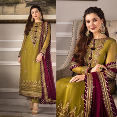 Swagiwear 3PC Lawn Heavy Embroidered Shirt & Chiffon Embroidered Dupatta. 