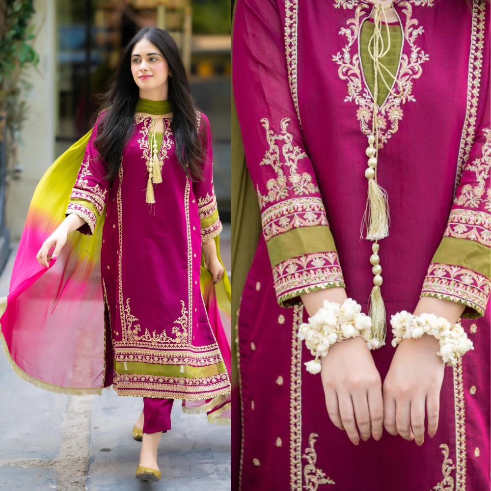 Swagiwear MEENA 3-PC Front fully lawn Emb with bamber chiffon dubbta Embroidered 