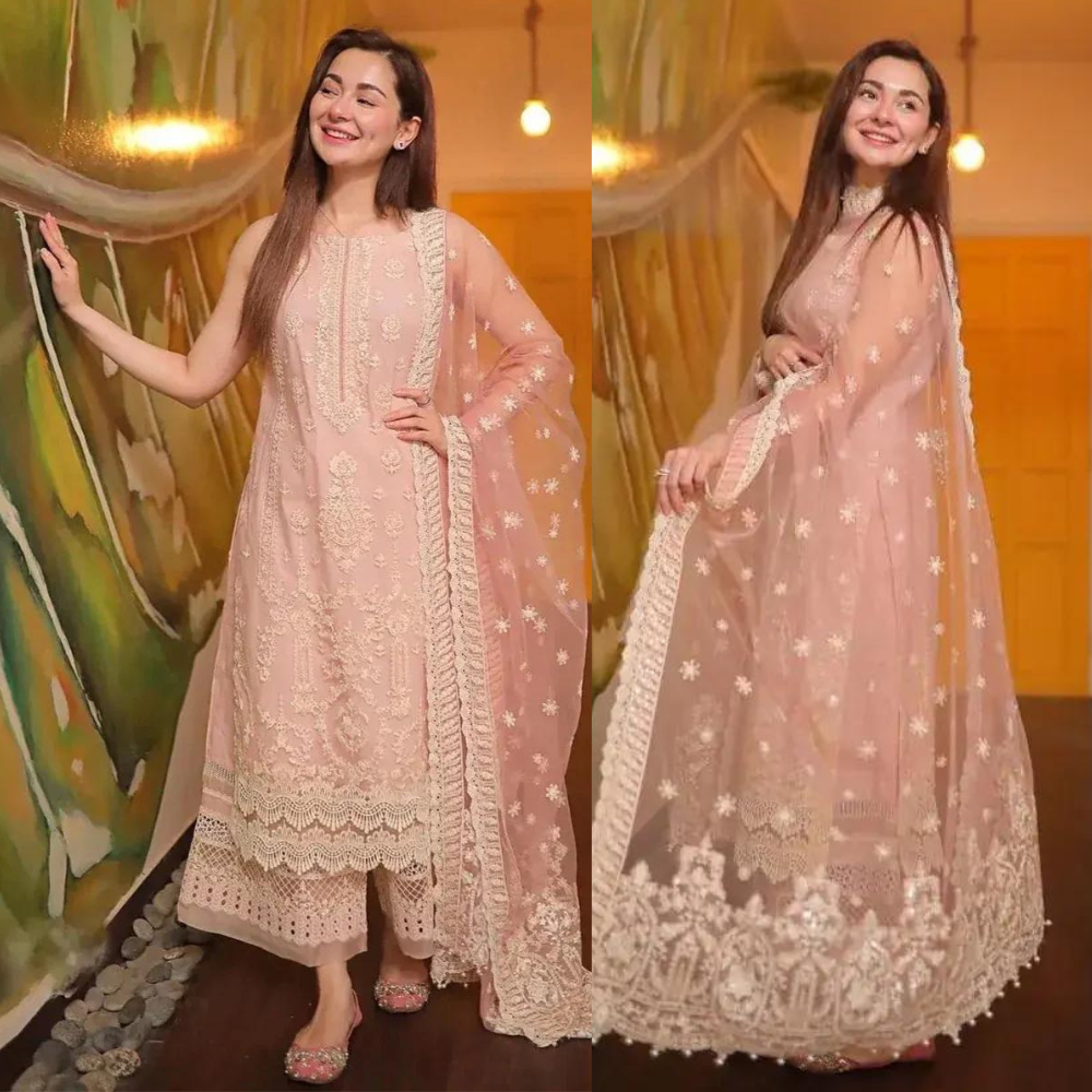 Swagiwear 3 Piece Unstitched Heavy Embroidered Lawn Suit ( Fully Embroidered Organza Dupatta ) 