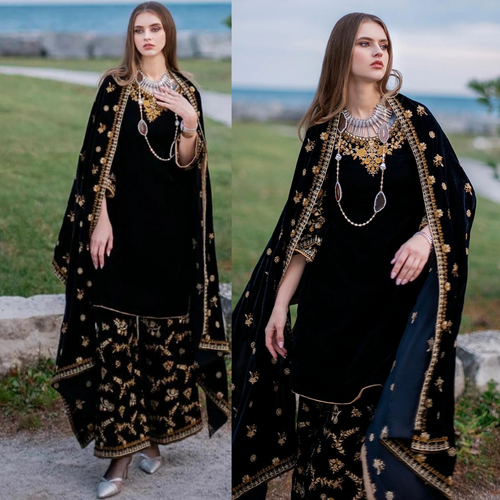 Swagiwear  Unstitched 3PCs Embroidered Velvet Dress With Embroidered Velvet Shawl