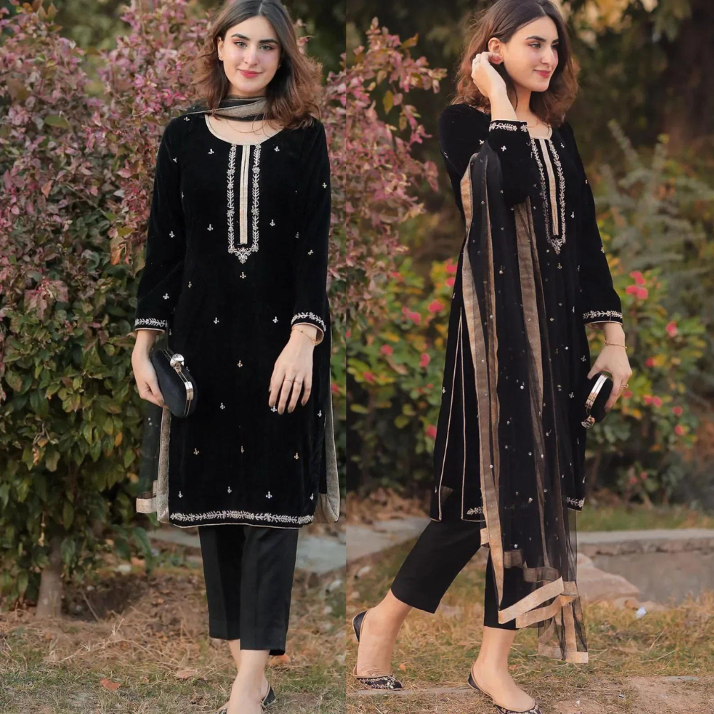 Swagiwear  Sidra Mumtaz 3PC Valvet Front Full Embroidered Back Bazo Embroidered Bember Dupatta -