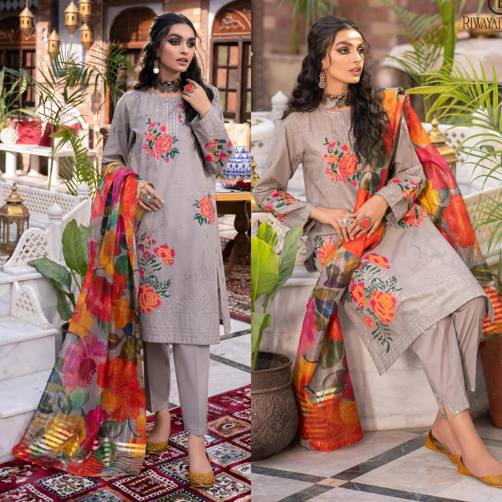 Swagiwear  Winter Unstitched 3PCs Embroidered Dhanak Dress With Diamond Monar Printed Dupatta