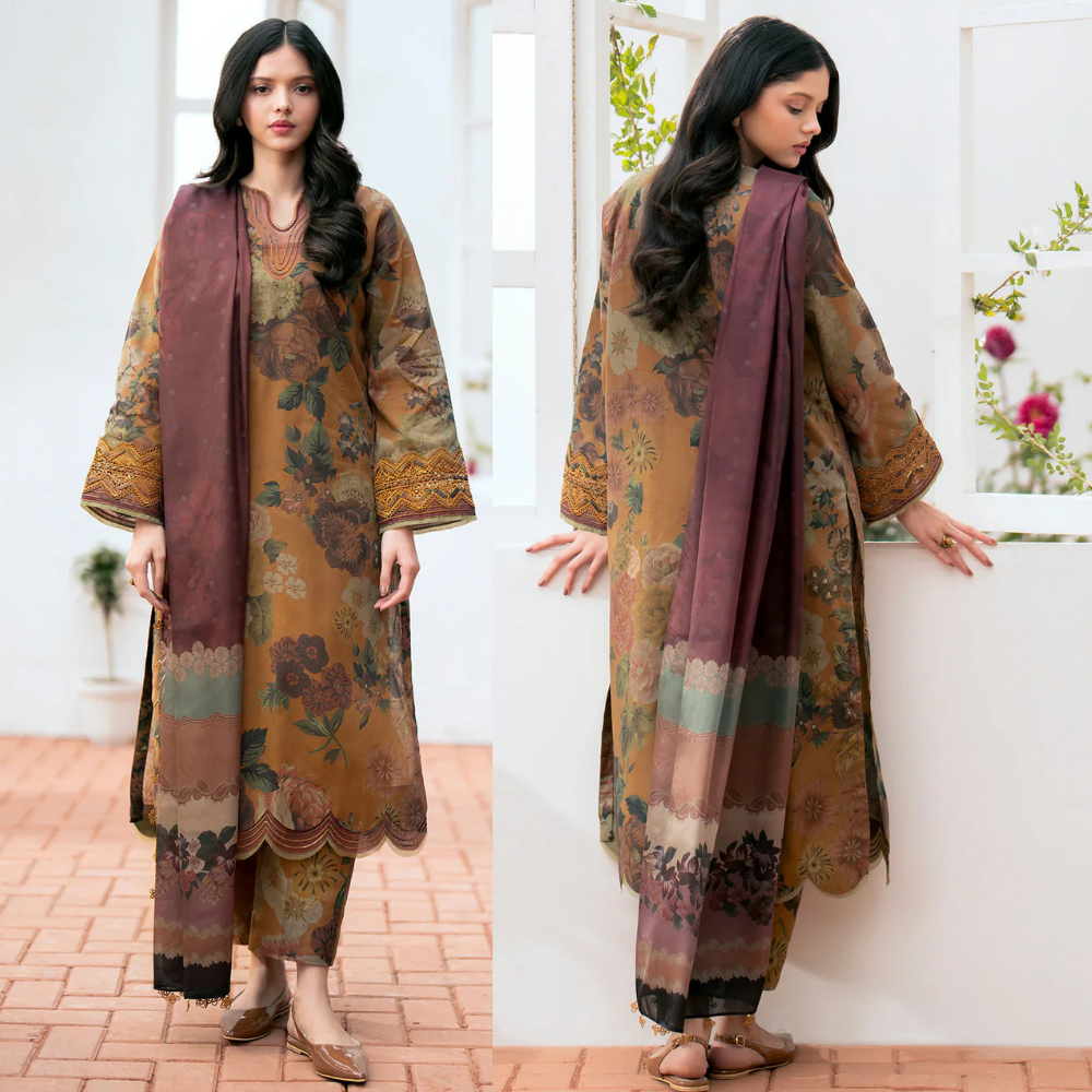 Swagiwear 3 Piece Unstitched Swiss Lawn Suit ( Printed Monar Dupatta ) 