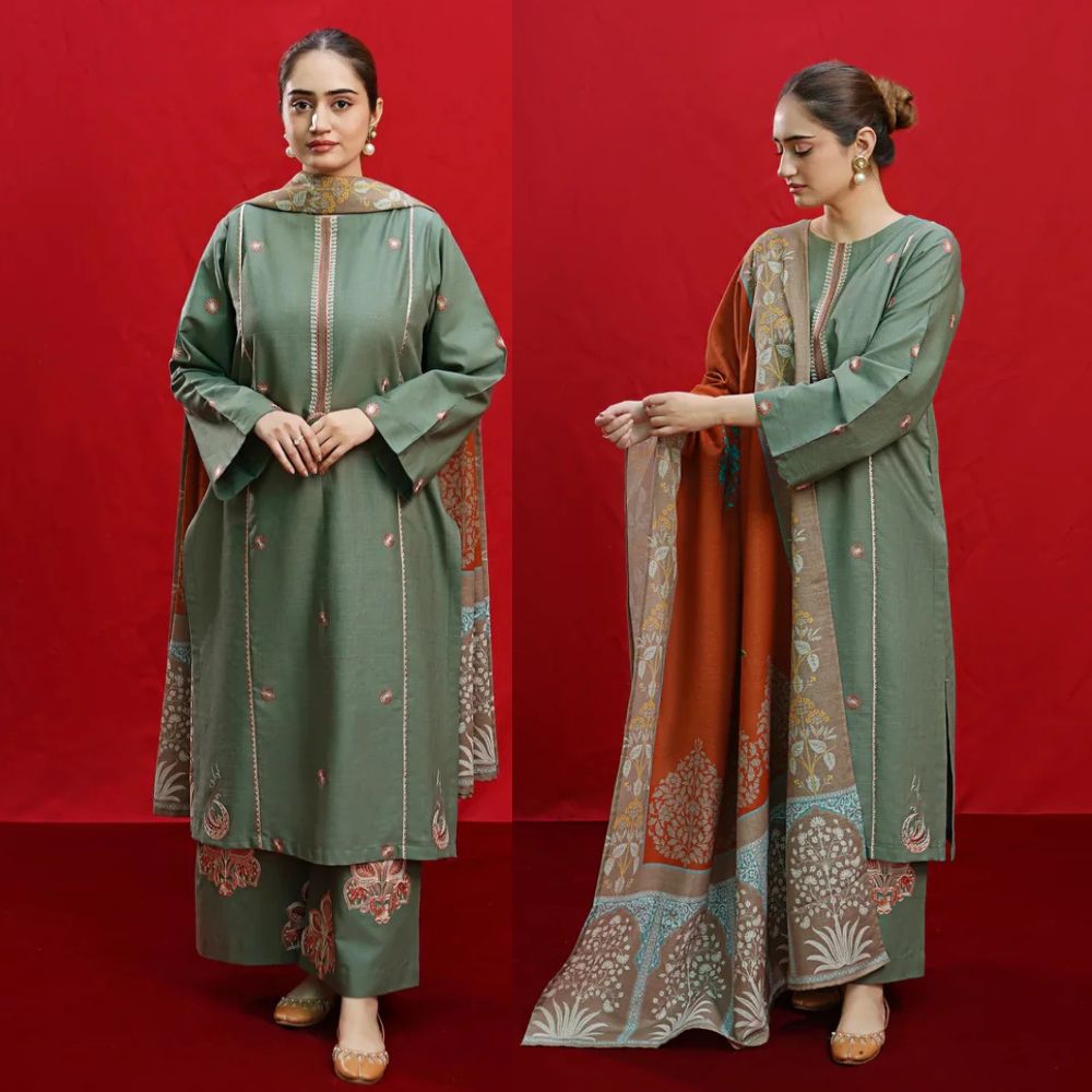 Swagiwear  - 3PC DHANAK EMBROIDERED SHIRT WITH PASHMINA PRINTED SHAWL