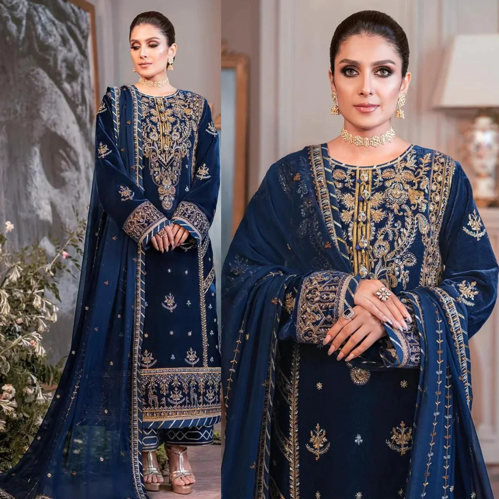 Swagiwear  Winter Unstitched 3PCs Embroidered Velvet With Embroidered Chiffon Dupatta