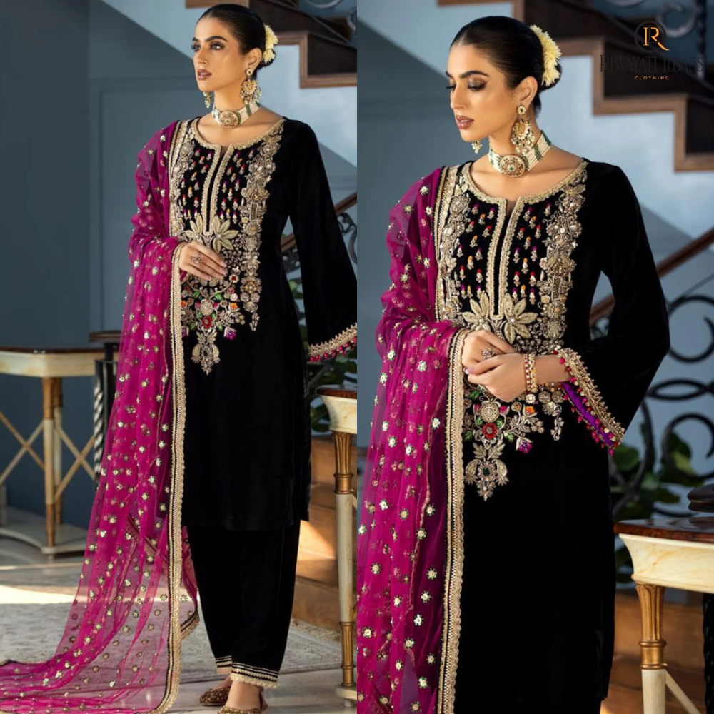 Swagiwear  Winter Unstitched 3PCs Velvet Dress With Embroidered Organza Dupatta