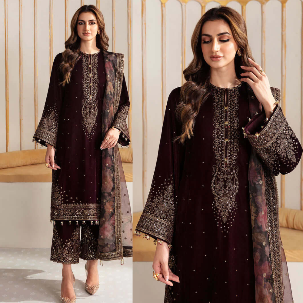 Swagiwear  Winter Unstitched 3PCs Velvet Embroidered Dress With Embroidered Organza Dupatta