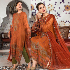 Swagiwear Maria .B 3PC Lawn full embroidered front piece for shirt sleeves embroidered With Bamber chiffon embroidered dupatta. 
