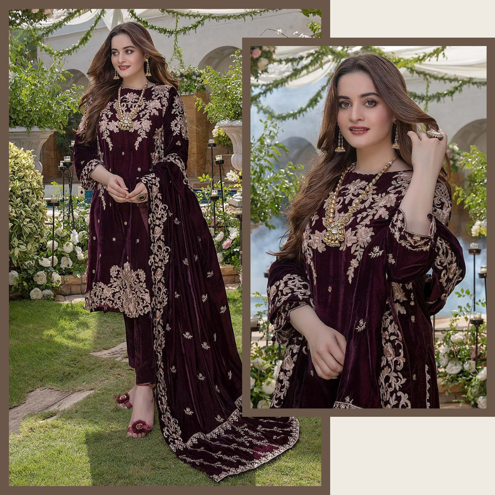 Swagiwear  Embroidered Velvet Three piece with Velvet Shawl Winter Collection's