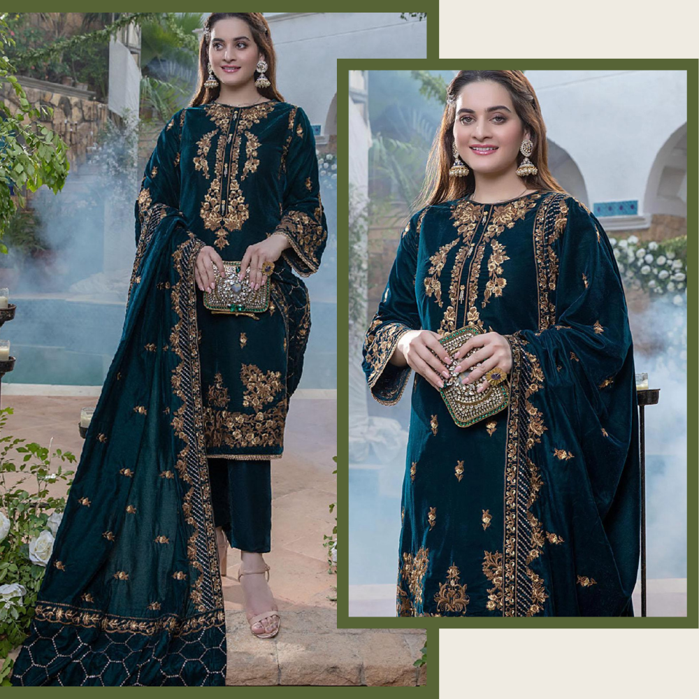 Swagiwear  Sequance Embroidered Velvet Three piece With Velvet Shawl Winter Collection