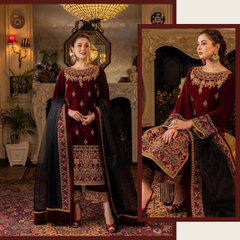 Swagiwear  3PC Velvet Heavy Embroidered Shirt With Organza Heavy Embroidered Dupatta